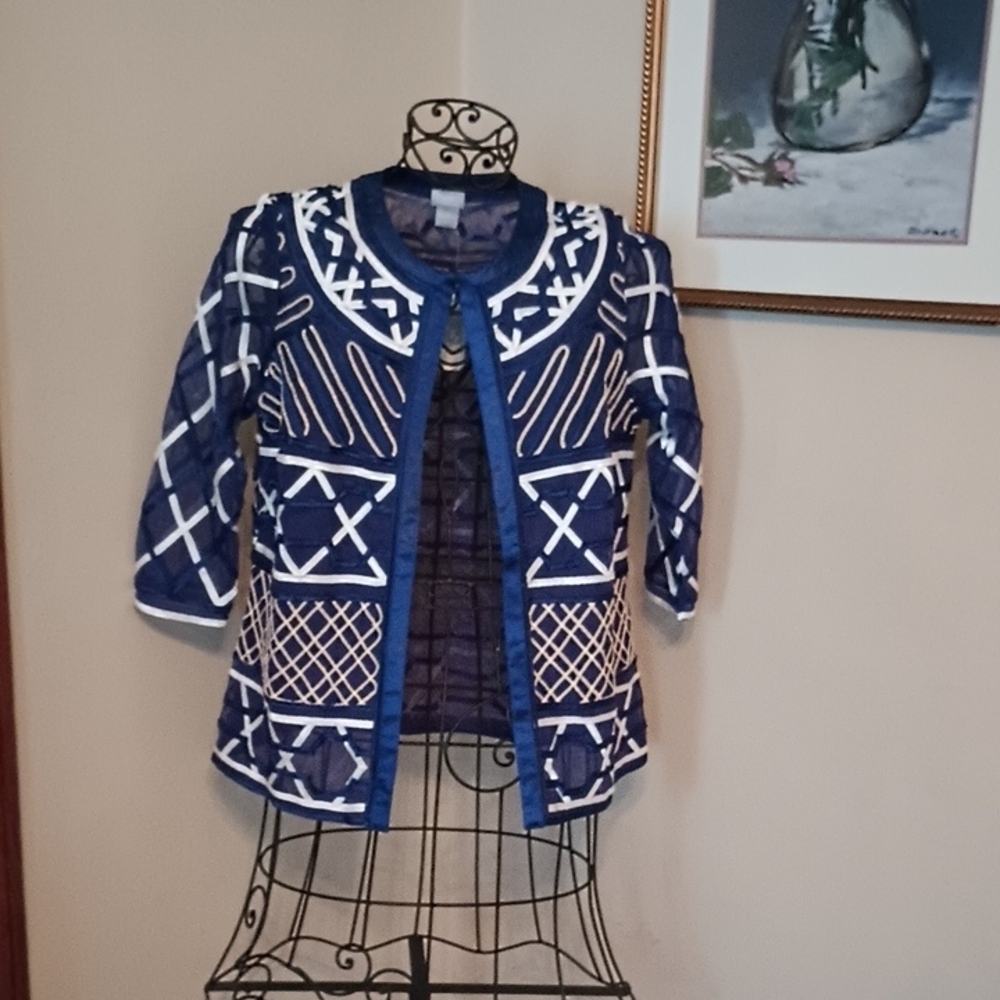 Chico's Blue and White Teddy Jacket with Geometric Pattern